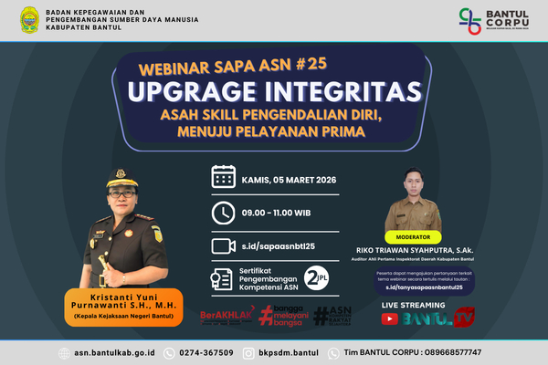 BKPSDM Bantul Akan Gelar Webinar SAPA ASN #25: Upgrade Integritas Menuju Pelayanan Prima